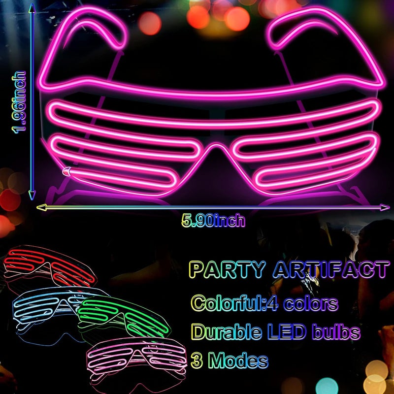 TOODOO 4 Pairs Shutter Wire Neon Rave Glasses Light up Led Glasses Flashing Sunglasses Glow in The Dark Costume Party Favors for Women Men 80s Party Nightclubs Concert Masquerade Cosplay - Image 2