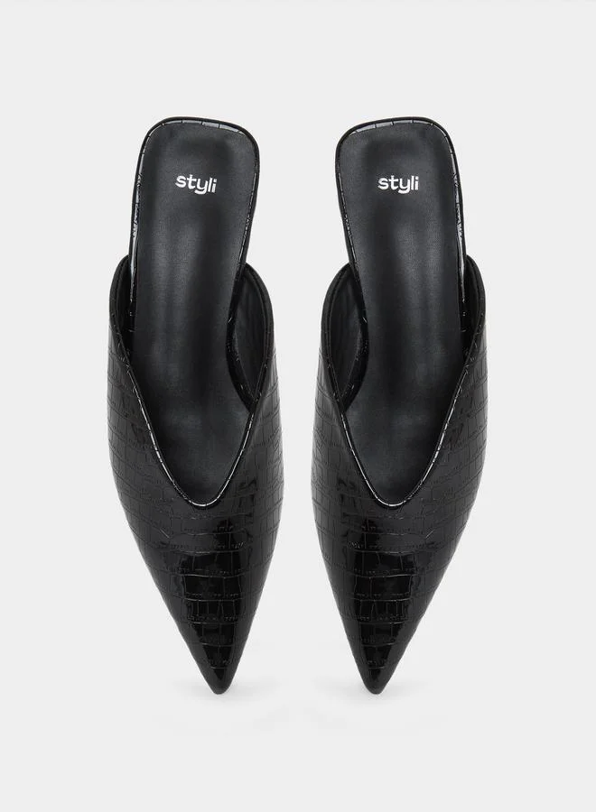 Styli Black Croc Textured Pointed Toe Mules for Women | Best Price UAE