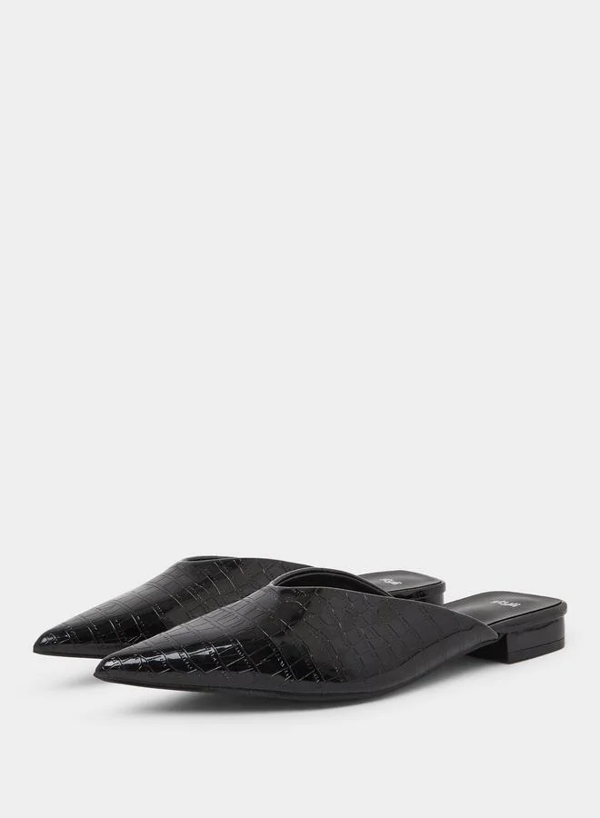 Styli Black Croc Textured Pointed Toe Mules for Women | Best Price UAE