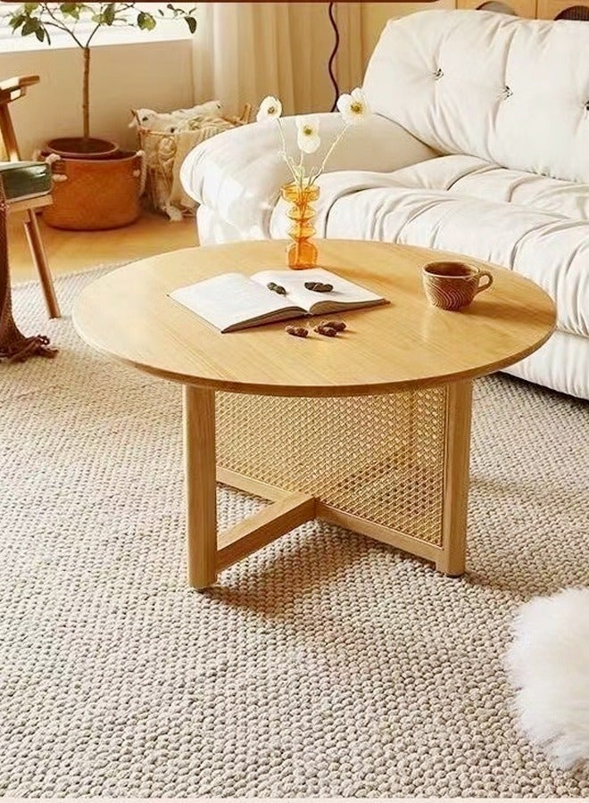 رافين طاولة قهوة دائرية من الخشب الصلب والروطان - طاولة وسط لغرفة المعيشة أو المكتب، 80x40 سم - Image 2