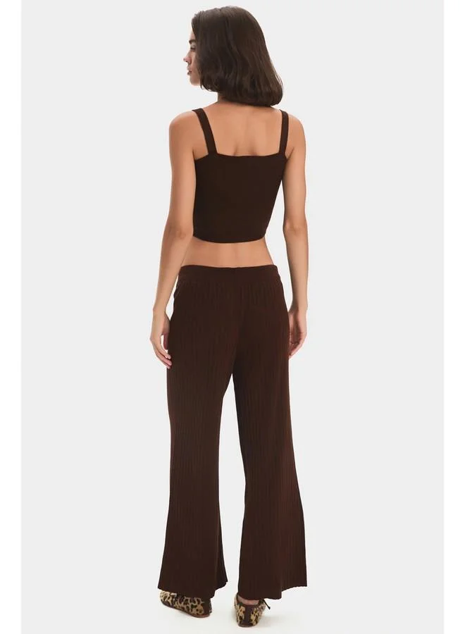 جون June Women High Waist Elastic Waist Trouser Brown