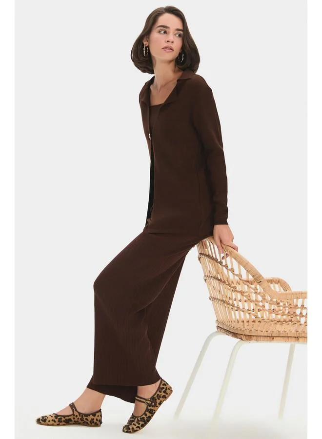 جون June Women High Waist Elastic Waist Trouser Brown