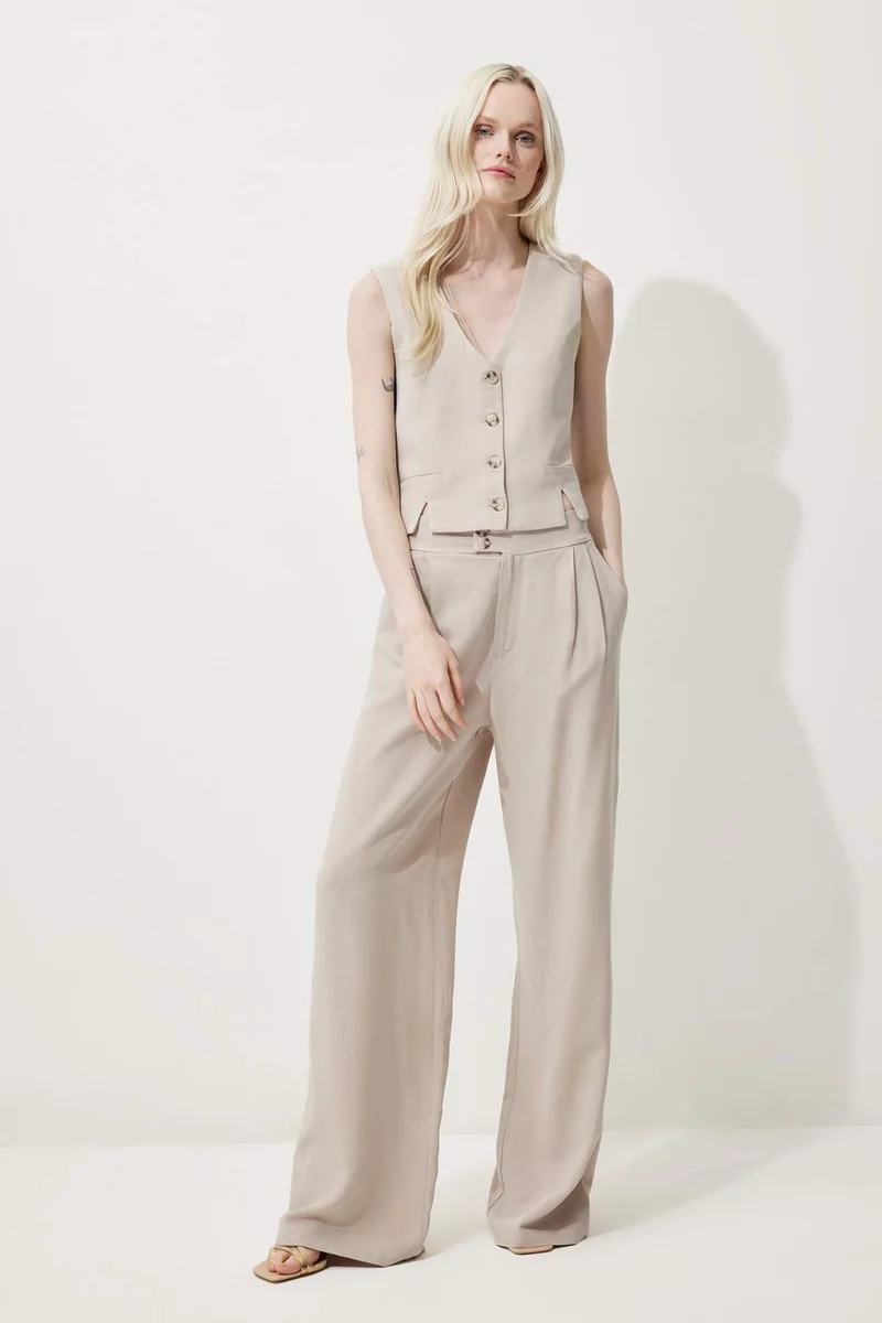 ديفاكتو Wide Leg Linen Blend Fabric Trousers