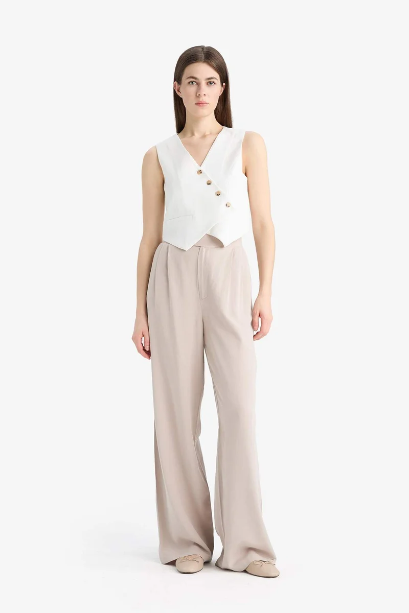 ديفاكتو Wide Leg Linen Blend Fabric Trousers