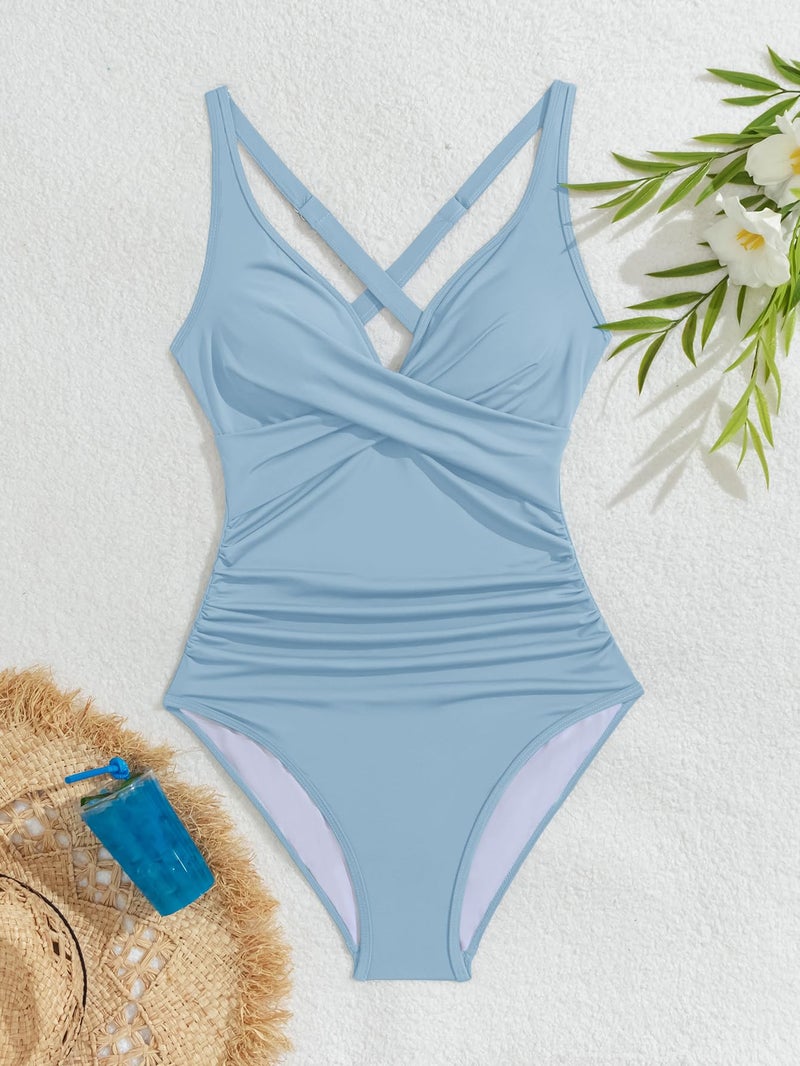 B2prity Women's One Piece Swimsuits Tummy Control Ruched Bathing Suit V Neck Tie Back Swimwear Wrap Swim Suit Sky Blue - Image 5