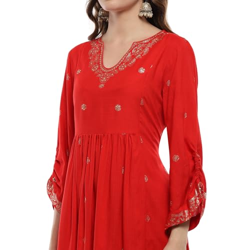 Biba Tomato Red Rayon Straight Kurta - Image 3