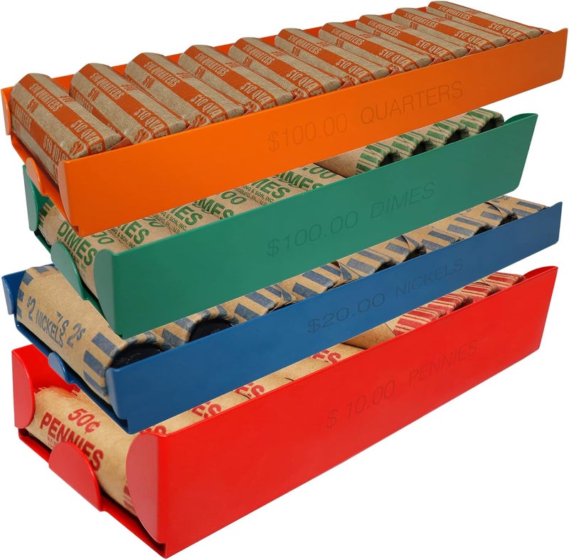 Nadex 4 Pack Assorted Aluminium Coin Trays - Stackable Single Compartment Coin Sorting and Storage Trays - Holds 20 Penny Rolls, 10 Nickel Rolls, 20 Dime Rolls, 10 Quarter Rolls - Image 1