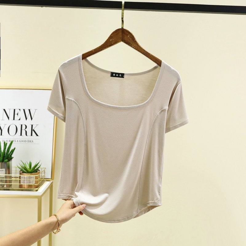 Black Modal Square Collar Short-Sleeved T-Shirt For Women Summer Slim-Fit Off-The-Collarbone Top French Half-Sleeve Base - Image 1