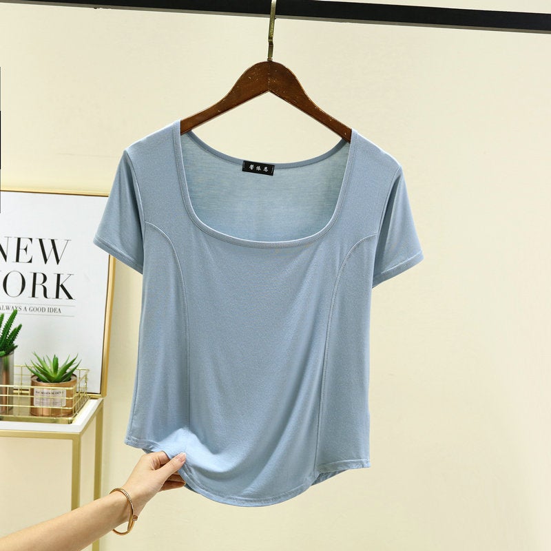 Black Modal Square Collar Short-Sleeved T-Shirt For Women Summer Slim-Fit Off-The-Collarbone Top French Half-Sleeve Base - Image 3