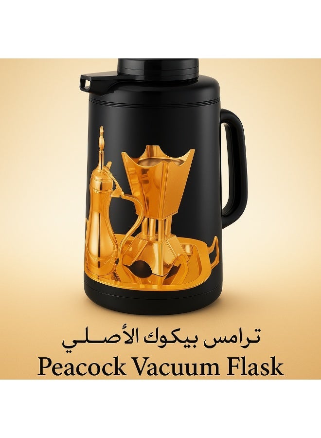 بيكوك ترمس بيكوك سعة 1.6 لتر بتصميم دلة عربية – ستانلس ستيل مزدوج الجدار لحفظ الحرارة والبرودة، محكم الإغلاق ومتين (أسود/ذهبي) - Image 2