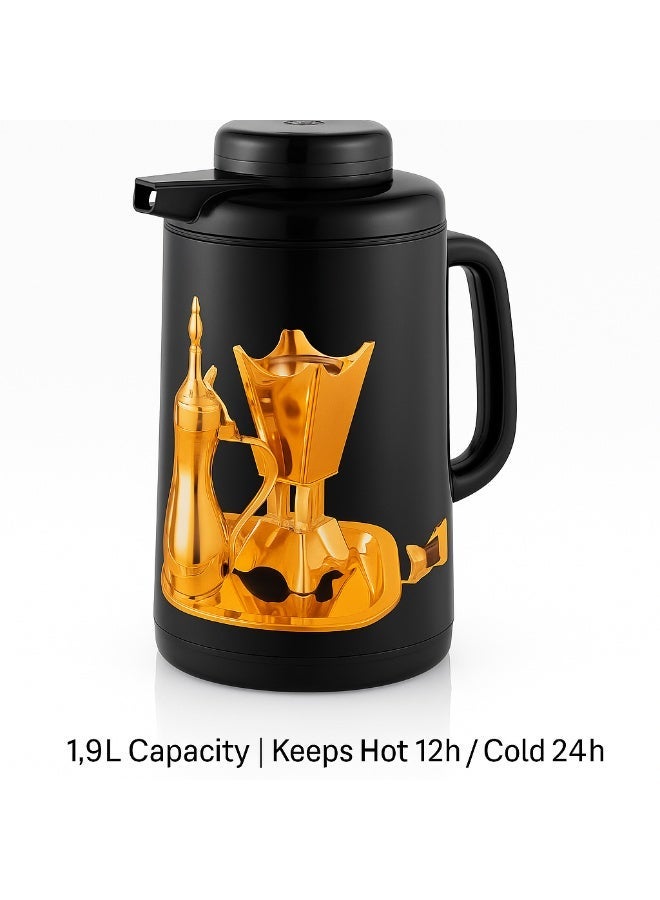 بيكوك ترمس بيكوك سعة 1.6 لتر بتصميم دلة عربية – ستانلس ستيل مزدوج الجدار لحفظ الحرارة والبرودة، محكم الإغلاق ومتين (أسود/ذهبي) - Image 5