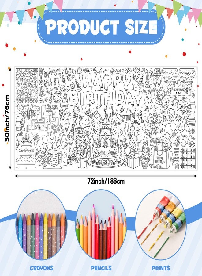 NatNarr Happy Birthday Giant Coloring Poster/Tablecloth, 30 x 72 Inch Birthday Craft for Kids Art Crafts Paper Banner Kid Games Activities,Coloring Tablecloth Crafts for Classroom Wall School Home Parties - Image 2