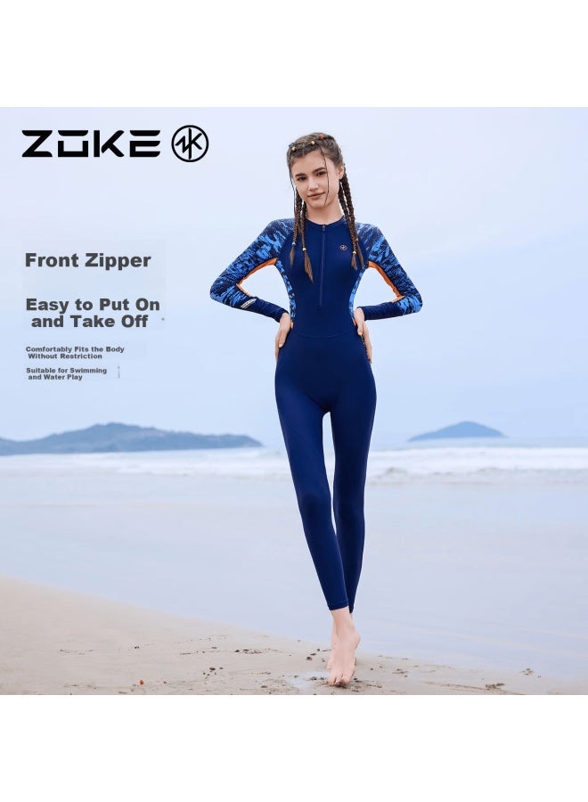 Zoke Women's One-piece Nine-point Swimsuit Uv Protection Surfing Beach Hot Spring Diving Conservative 125601702 Blue-green Geometric Pattern XL - Image 4