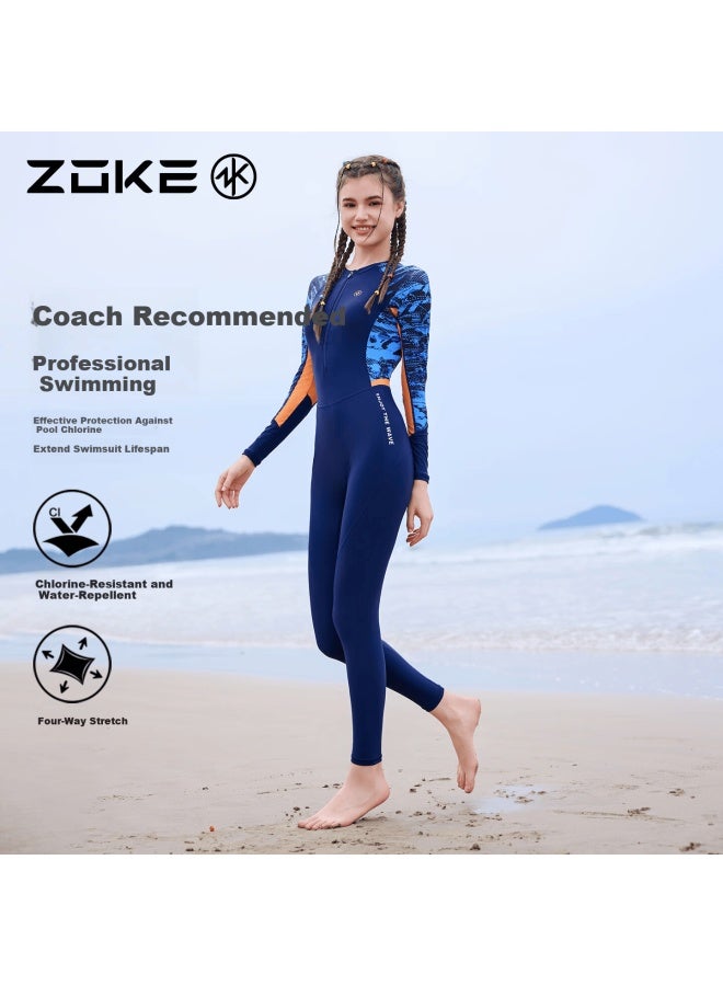 Zoke Women's One-piece Nine-point Swimsuit Uv Protection Surfing Beach Hot Spring Diving Conservative 125601702 Blue-green Geometric Pattern XL - Image 1