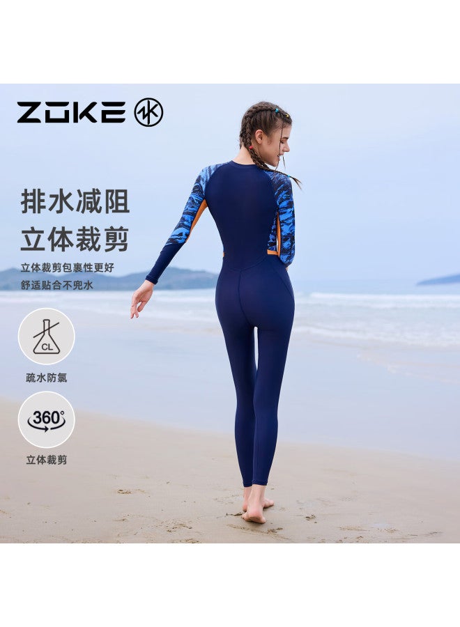 Zoke Women's One-piece Nine-point Swimsuit Uv Protection Surfing Beach Hot Spring Diving Conservative 125601702 Blue-green Geometric Pattern XL - Image 3
