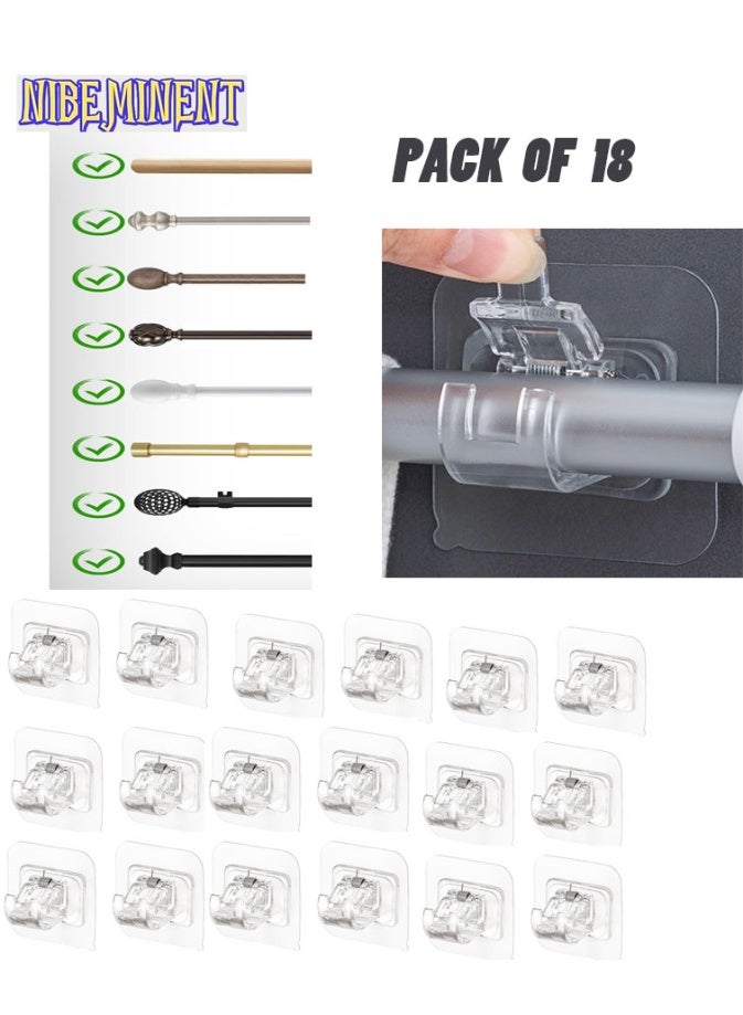 NIBEMINENT 18-Piece Self Adhesive Curtain Rod Bracket, No Drill Drapery Hooks Holder, Plastic Easy Sticky Curtain Rod Hooks for Kitchen, Bathroom, Hotel (Clear)  - Image 1