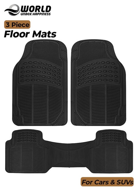 3 Piece Set Enhanced Proline Trimmable Floor Mats for Cars Trucks Jeeps Vans and SUVs Universal Fit Design Black Heavy Duty Waterproof and All Weather Protection Odorless Rubber with Anti-Slip Feature
