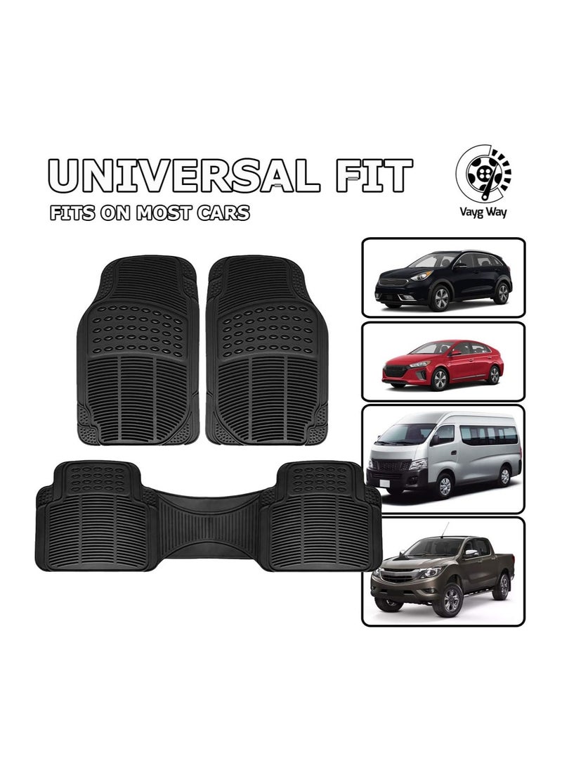 3 Piece Set Enhanced Proline Trimmable Floor Mats for Cars Trucks Jeeps Vans and SUVs Universal Fit Design Black Heavy Duty Waterproof and All Weather Protection Odorless Rubber with Anti-Slip Feature