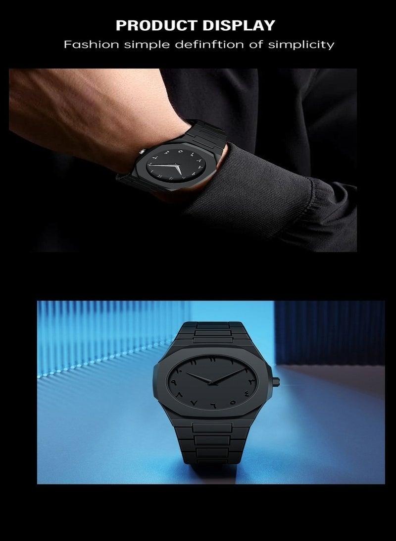 ساعة رجالية عربية – ساعة أورا سوداء بالكامل بتصميم بسيط تعمل بالكوارتز، مزودة بمينا بأرقام عربية، وعلبة مثمنة الشكل، ومقاومة للماء حتى عمق 50 مترًا. - Image 3