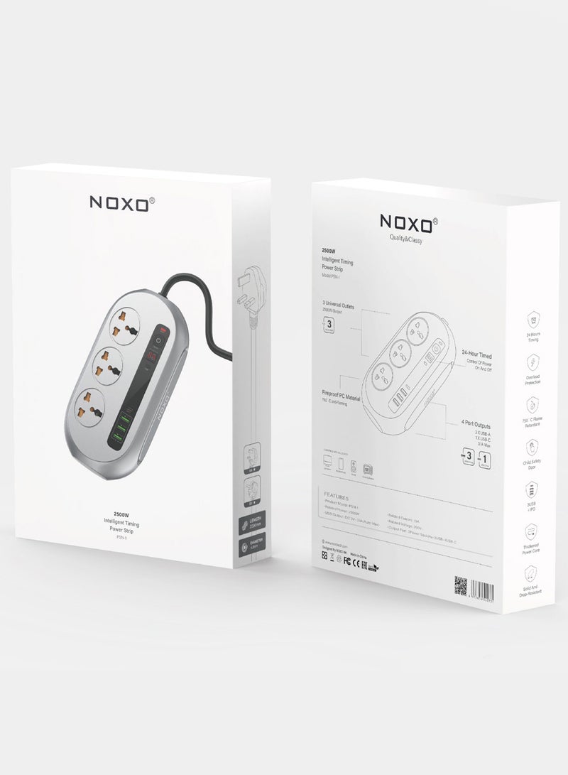 NOXO PSN-1 Smart Power Strip – 2500W Surge Protector with Programmable Timer - Grey  - Image 4