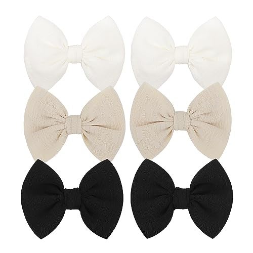 ONENINEDREAM Baby Girls Hair 3'' Bows Clips Set Handmade Bow Hair Clips Hair Accessories Alligator Clip for Babies Infant Toddlers Little Kids 6 PCS Black White Beige - Image 1