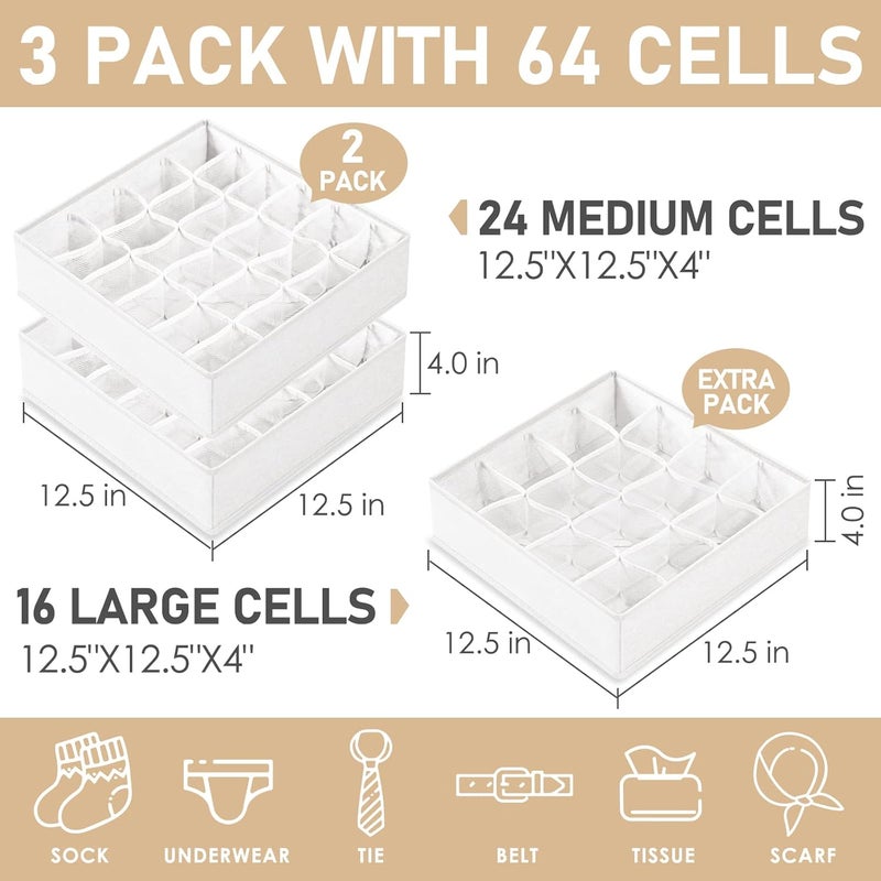 Criusia Set of 3 Sock Organizers, Underwear, Drawer Organizers, 64 Compartments, Foldable Closet Organizer and Storage Boxes for Storing Socks, Panties, Ties (16 + 24 + 24 Compartments, White) - Image 2