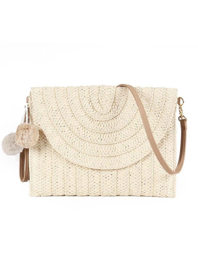 KASTWAVE Straw Shoulder Bag Straw Clutch Women Hand-woven PomPom Straw Crossbody Bag Summer Beach Envelope Purse Wallet - Image 1