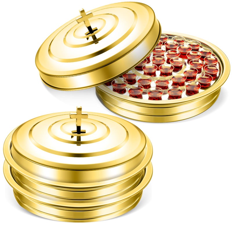 Jingmore Communion 2 Trays with Lid Christmas Holy Wine Serving Trays House up 80 Cups Stacking Stainless Steel Churches Ware Wine Bread Christmas Party Supplies Gold - Image 2