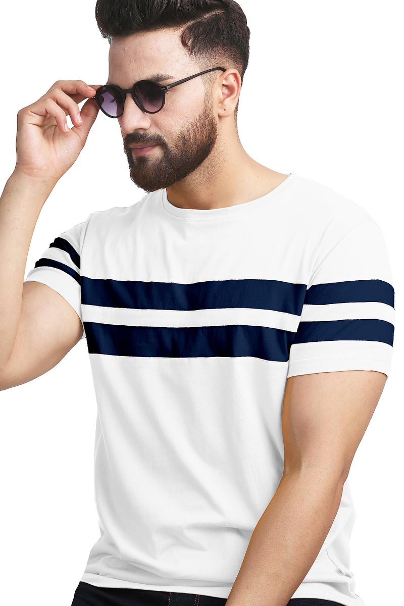 AUSK Regular Fit T-Shirt for Mens Double Stripes On Chest (Color-White, Size-2Xl) - Image 1
