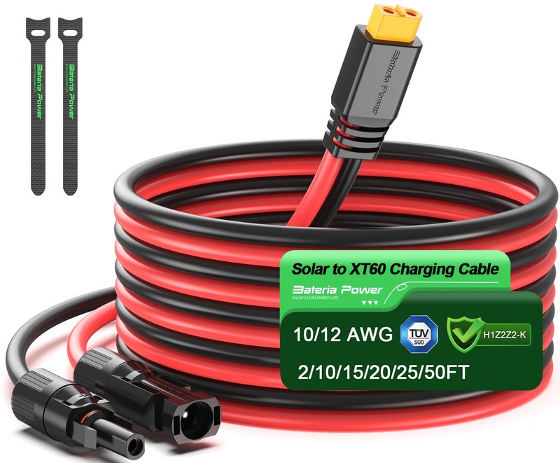 Bateria Power 10 Feet Solar to XT60 Extension Cable, 12AWG Solar Panel Connector to XT60 Charge Adapter for Connecting to Portable Power Station, RV, EcoFlow, Anker, BLUETTI & Generator - Image 1