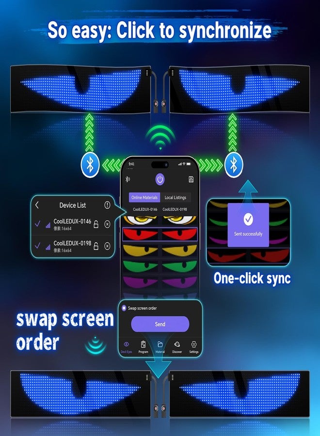 GOTUS 2Pcs Devil Eyes Light for Cars,Flexible Scrolling Programmable LED Signs,LED Eyes for Truck Windshield,Custom Editor Colours,Animations,Text - Image 3