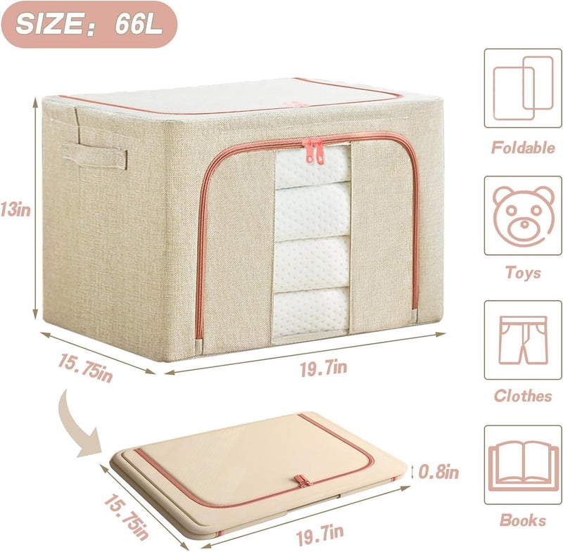 Antole 4 Pack Clothes Storage Bins Closet Storage Bins,Foldable Blanket Storage Bags with Steel Frame,Stackable Metal Frame Clothes Container Organizer with with Zipper Clear Window (Beige) - Image 2