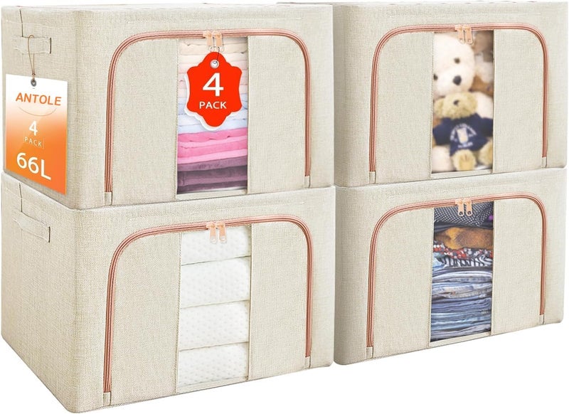 Antole 4 Pack Clothes Storage Bins Closet Storage Bins,Foldable Blanket Storage Bags with Steel Frame,Stackable Metal Frame Clothes Container Organizer with with Zipper Clear Window (Beige) - Image 1