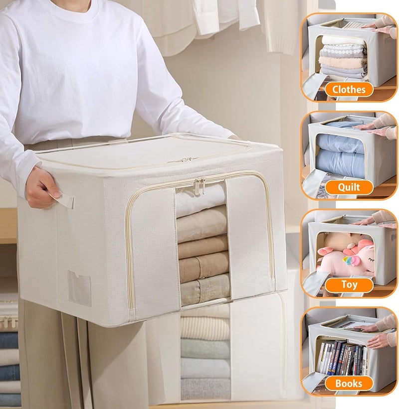 Antole 4 Pack Clothes Storage Bins Closet Storage Bins,Foldable Blanket Storage Bags with Steel Frame,Stackable Metal Frame Clothes Container Organizer with with Zipper Clear Window (Beige) - Image 3