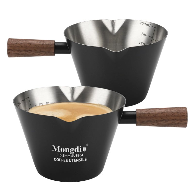 Mongdio 2 Pcs Espresso Measuring Cup, Stainless Steel Espresso Shot Cups with Wooden Handle and Double Spouts, 6.8OZ/200ML, Black - Image 1