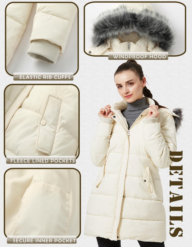 GGleaf Women's Winter Snow Jacket Puffer Coat With Removable Faux Fur Trim and Hood Beige Large - Image 4
