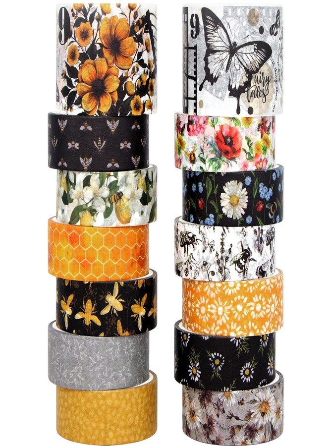 KOVANO Washi Tape Set with 14 Rolls, Vintage Bee Floral Butterfly Botanical Washi Tape, Yellow Black Decorative Ribbons for Scrapbooking Supplies, Trash Diary, Journal with Ma - Image 1