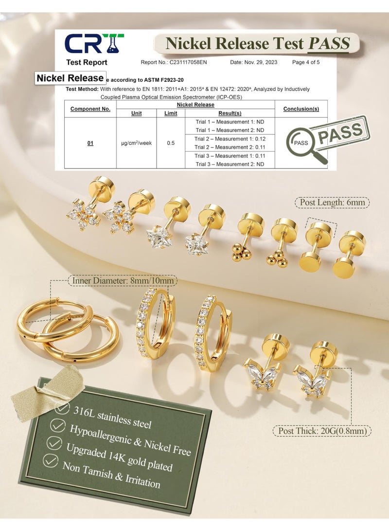 CAMSCH Ear jewellery for sensitive ears, hypoallergenic surgical steel, 14K gold, flat back, women, men, small stainless steel stud ring, cartilage set, various piercings - Image 2