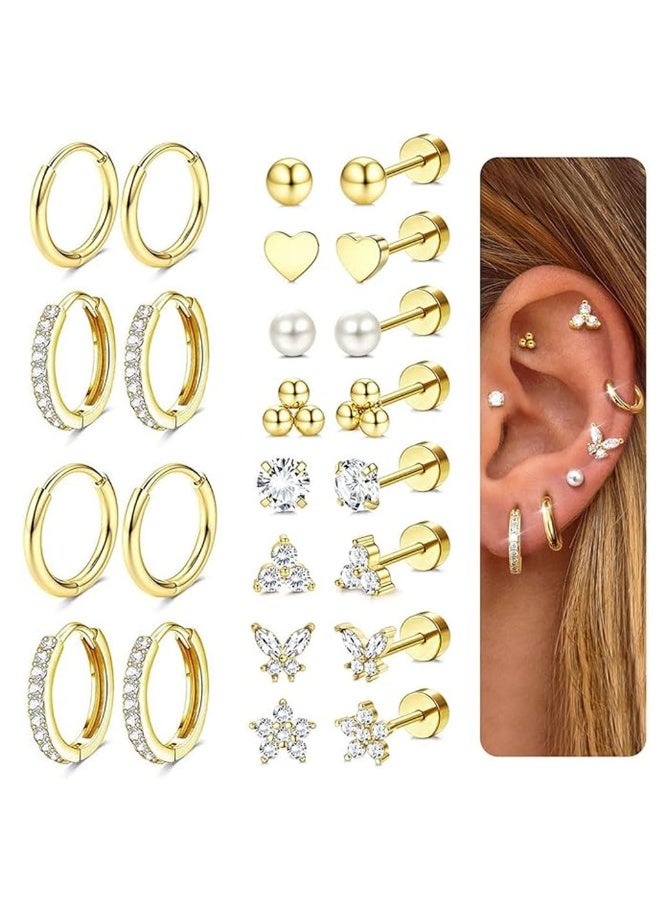 CAMSCH Ear jewellery for sensitive ears, hypoallergenic surgical steel, 14K gold, flat back, women, men, small stainless steel stud ring, cartilage set, various piercings - Image 1