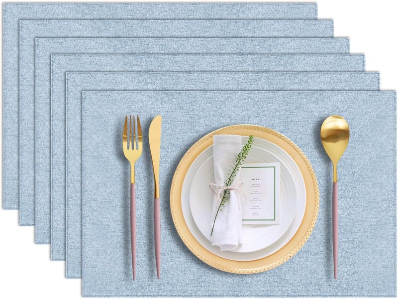 LANDVIEW Slow wear optimized quality Cloth Placemats Set of 6, Cotton Linen Blend Machine Washable Durable Linen Table Mats, Heat Resistant Placemats Wrinkle Free Place Mats for Dining Table, Easy to Clean (Light Blue, 6) Classic design alternatives - Image 1