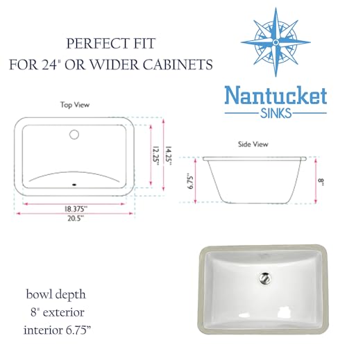 Nantucket Sinks UM-18x12-W White Undermount Bathroom Sink – 18" x 12" Rectangular Bowl Bath Sink for Vanity, High Gloss White Vitreous China, Scratch & Stain Resistant – Great Point - Image 2