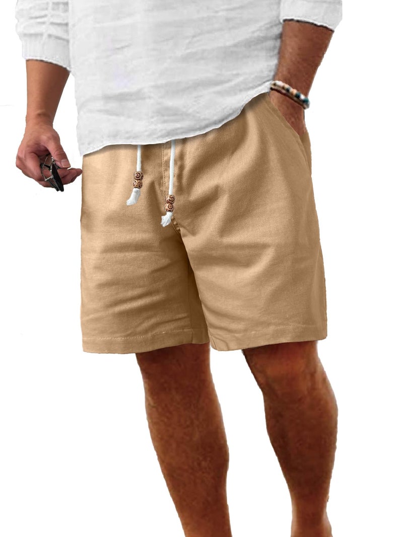 Comdecevis Men's Casual Linen Shorts Elastic Waist Drawstring Summer Beach Shorts, Dark Khaki, 3X-Large - Image 1