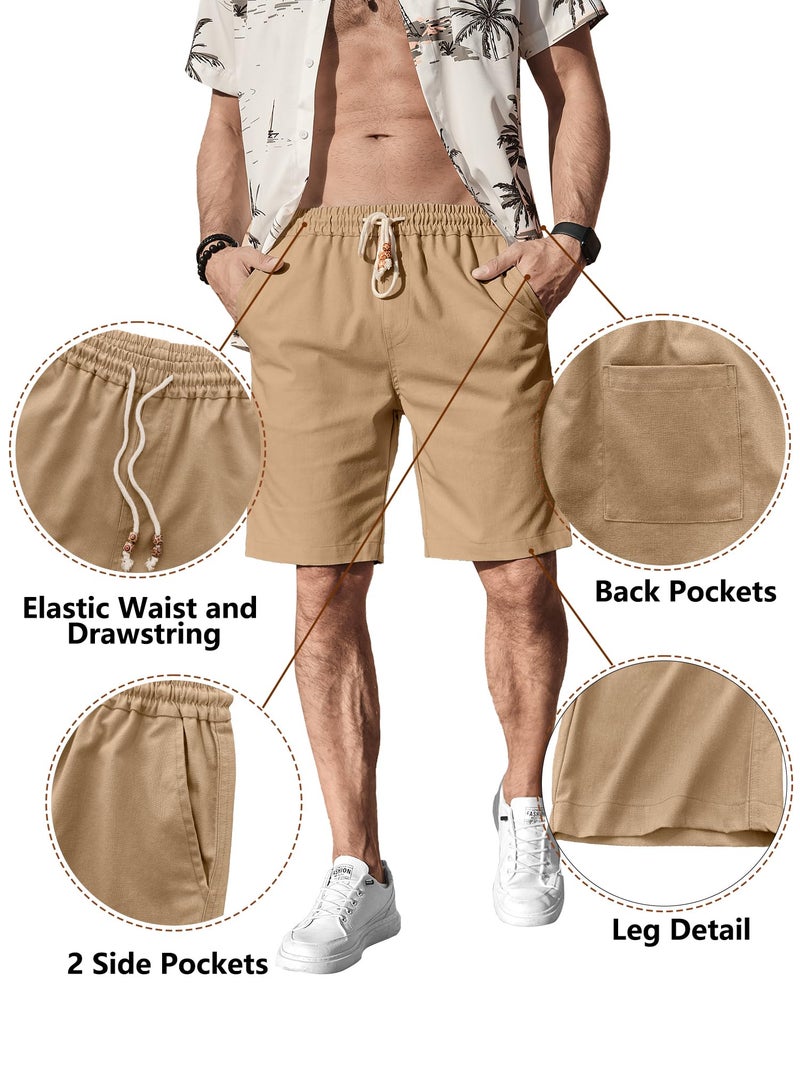 Comdecevis Men's Casual Linen Shorts Elastic Waist Drawstring Summer Beach Shorts, Dark Khaki, 3X-Large - Image 3