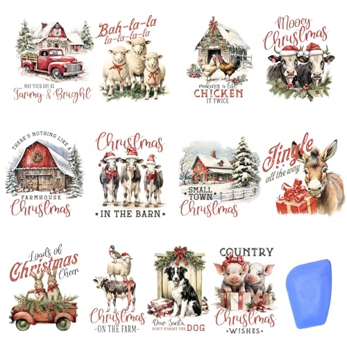 ZMRU 24 Sheets Vintage Christmas Rub On Transfers for Crafts, Rub On Transfers Christmas for Wood，Furniture Decals, Glass, Porcelain, Leather, Canvas, Fabric Projects,3 * 3inch(Farm Christmas) - Image 1