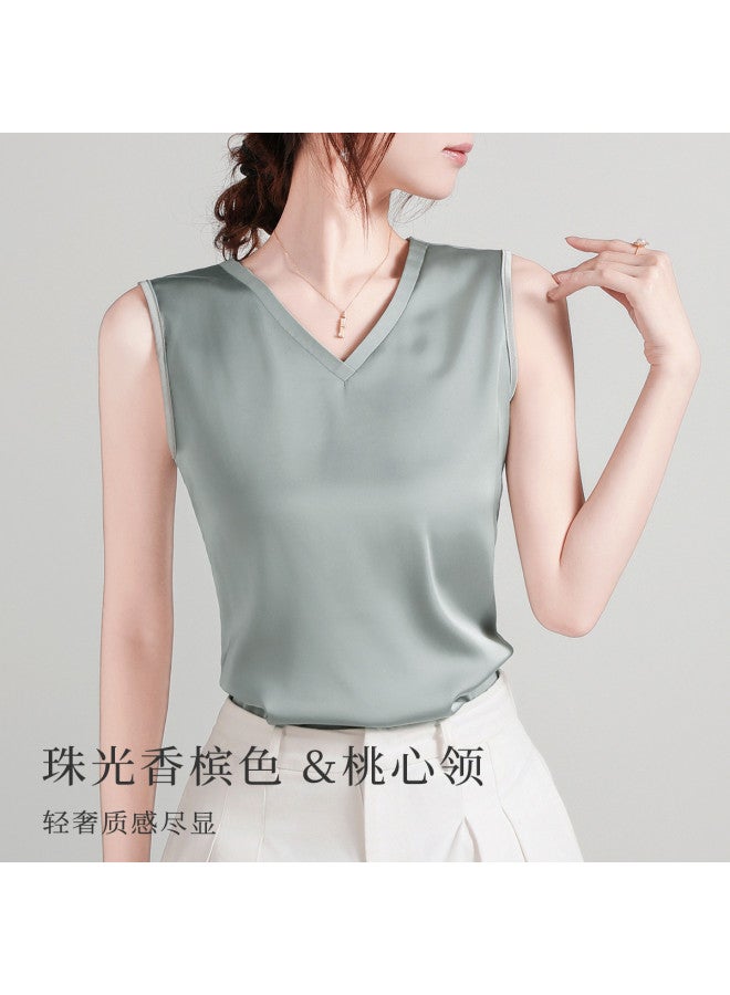 Moonbadi Luxury Satin V-Neck Camisole T-Shirt For Women, Loose And Comfortable Slimming Top - Image 3