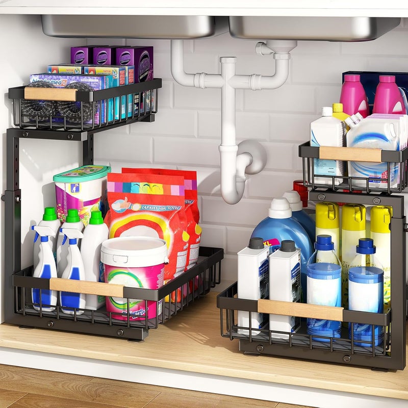 PXRACK 2 PACK Under Sink OrganizerAdjustable Height2 Tier Pull Out Under Cabinet OrganizerThickened Metal ShelfSlide Out Under Sink Storage for Kitchen Bathroom Cabinet Laundry