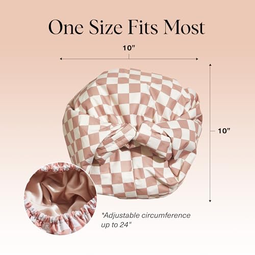 Kitsch Luxury Shower Caps for Women Reusable Waterproof - Flexi Satin Lined, Large Wide Shower Cap for Women & Men, Adjustable, Stylish Hair Cap for Shower, For Long & Short Hair - Terracotta Checker - Image 5