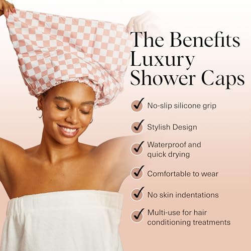 Kitsch Luxury Shower Caps for Women Reusable Waterproof - Flexi Satin Lined, Large Wide Shower Cap for Women & Men, Adjustable, Stylish Hair Cap for Shower, For Long & Short Hair - Terracotta Checker - Image 2