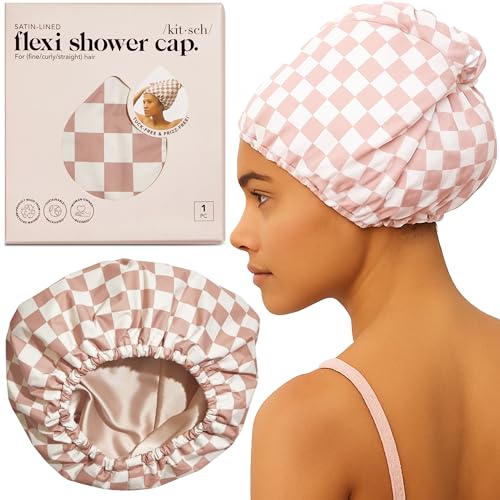 Kitsch Luxury Shower Caps for Women Reusable Waterproof - Flexi Satin Lined, Large Wide Shower Cap for Women & Men, Adjustable, Stylish Hair Cap for Shower, For Long & Short Hair - Terracotta Checker - Image 1