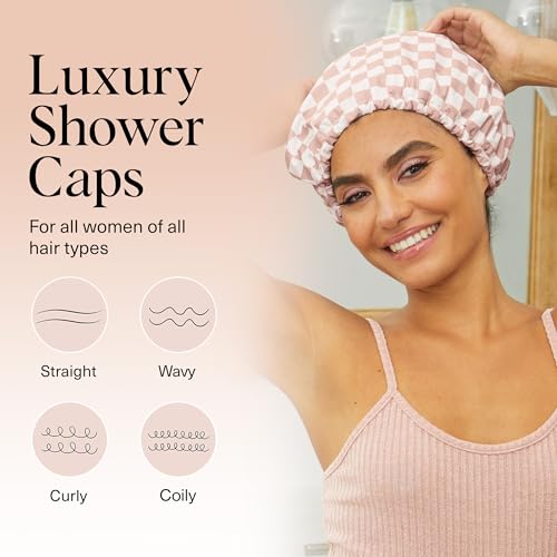 Kitsch Luxury Shower Caps for Women Reusable Waterproof - Flexi Satin Lined, Large Wide Shower Cap for Women & Men, Adjustable, Stylish Hair Cap for Shower, For Long & Short Hair - Terracotta Checker - Image 3